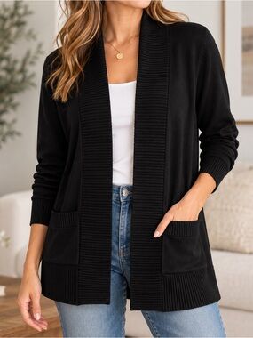 JJ Perfection Black Open Front Cardigan Sweater Ribbed Knit Pockets M